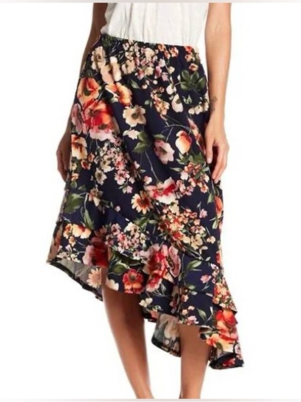 Bobeau Floral Ruffle Asymmetrical Midi Skirt, Large Coquette Preppy Fall Elastic